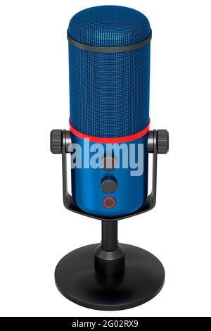 3D-Wiedergabe des blauen Kondensatormikrofons in Studio, isoliert auf Weiß Hintergrund Stockfoto