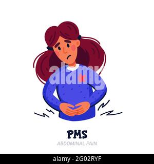 Konzept der PMS-Symptome. Frau, die an prämenstruellem Syndrom wie Bauchschmerzen leidet. Vektorgrafik im flachen Stil auf weißem Hintergrund Stock Vektor