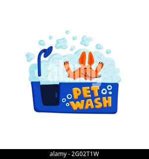 Konzept für die Tierpflege. Glücklicher Hund nimmt ein Bad voller Seifenschaum auf weißem Hintergrund. Hundepflege, Pflege, Hygiene, Gesundheit. Tierhandlung, Zubehör. Flach Stock Vektor