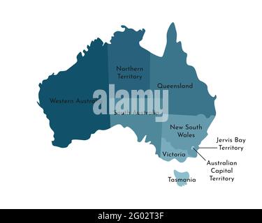 Vektor isolierte Illustration der vereinfachten administrativen Karte von Australien. Grenzen und Namen der Regionen, einschließlich nur der nächstgelegenen Gebiete. Farbe Stock Vektor