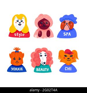 Schönheitssalon für Hunde. Lustige Welpen Charakter im Spa. Hundepflege, Pflege, Hygiene, Gesundheit. Tierhandlung, Zubehör. Vektorgrafik im flachen Stil Stock Vektor