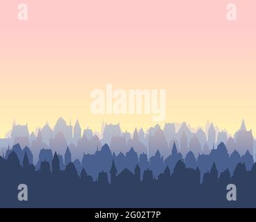 Kleine Stadt Straßen Silhouette. Dächer von Häusern. Abendaufgang. Landschaft auf dem Land. Flacher Cartoon-Stil. Nahtlose Illustration. Vektorgrafiken Stock Vektor