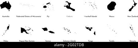 Vektor-Schwarz-Illustrationsset mit vereinfachten Karten aller Ozeanien-Staaten (Länder: Australien, Mikronesien, Fidschi, Marshallinseln und andere). Stock Vektor