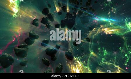 3d-Illustration - Nebel- und Steroidfeld im Weltraum Stockfoto