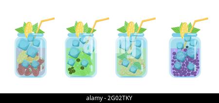 Cocktail Drinks.Set von hellen saftigen Fruchtcocktails in Gläsern, Vektor-Illustration in flachem Stil, isoliert, Cartoon Stock Vektor