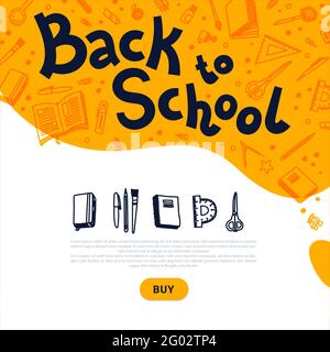 Vorlage „Zurück zur Schule“. Schule liefert online einkaufen. Vektorgrafik im Doodle-Stil. Stock Vektor