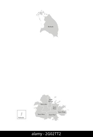 Vektor isolierte Illustration der vereinfachten administrativen Karte von Antigua und Barbuda. Grenzen und Namen der Regionen. Graue Silhouetten. Weißer Outlin Stock Vektor