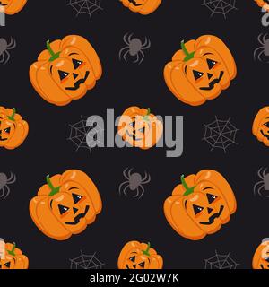 Niedliches, dunkelnahtloses Muster mit Kürbissen, Spinnweben und Spinnen. Halloween Party Dekoration. Gemüsedruck mit einem Grinsen. Festlicher Hintergrund für Papier Stock Vektor