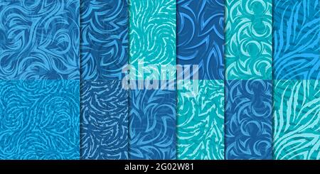 Satz von 12 nahtlosen Vektormustern Ecken und Kurven in Nautische Farben.nahtlose geometrische Texturen von blauen und türkisfarbenen Farben Wellen Und Flüssigkeit Stock Vektor