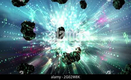 3d-Illustration - Nebel- und Steroidfeld im Weltraum Stockfoto