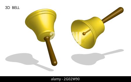 3d klingende Schulglocke mit Holzgriff. Aufruf zur Lektion. 1. September, Beginn des Schuljahres. Isometrischer Vektor Stock Vektor
