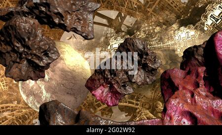 3d-Illustration - Nebel- und Steroidfeld im Weltraum Stockfoto