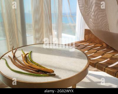 Grüne und orangefarbene Äste von Araukaria-Bäumen auf einem Tisch mit Marmorstruktur und Ledersessel vor einer halb offenen Panorama-Schiebetür. Stockfoto