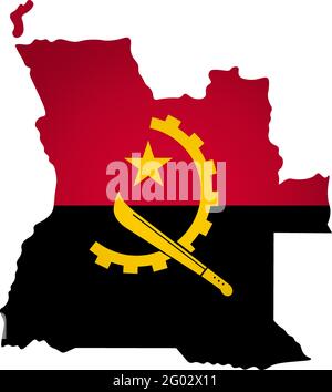 Abbildung mit Nationalflagge mit vereinfachter Form der Angola-Karte (jpg). Volumeschatten auf der Karte. Stock Vektor