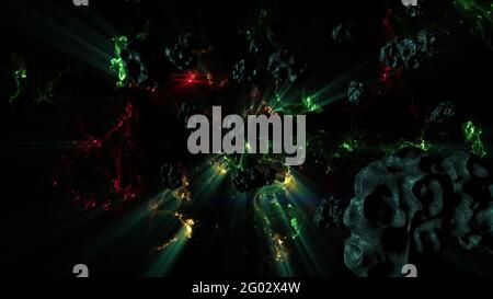 3d-Illustration - Nebel- und Steroidfeld im Weltraum Stockfoto