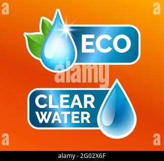 Wäsche Aufkleber Symbole gesetzt, Waschmittel, Waschmaschine - Öko-Reinigung und Wasserenthärtung, Qualitätsverbesserung. Blaues Wasser tropft mit Blättern Stock Vektor