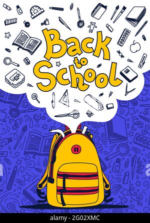 Zurück zur Schule Poster. Gelber Rucksack, Schulbedarf und Schultext auf violettem Hintergrund. Vektorgrafik Stock Vektor