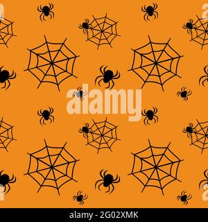 Niedliches nahtloses Muster mit schwarzen Spinnweben und Spinnen auf orangefarbenem Hintergrund. Halloween Party Dekoration. Heller Druck für Papier, Textilien und Design Stock Vektor