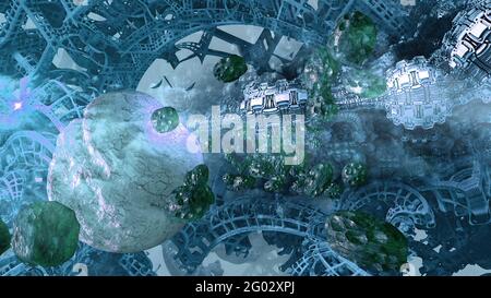 3d-Illustration - Nebel- und Steroidfeld im Weltraum Stockfoto
