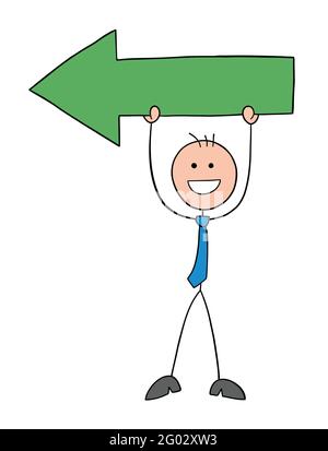 Stickman Geschäftsmann Charakter mit Pfeil nach links, Vektor-Cartoon-Illustration. Schwarz umrandet und farbig. Stock Vektor