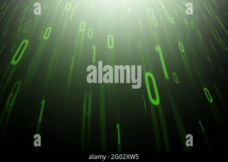 Abstrakter grüner Binärcode auf schwarzem Hintergrund. Grüne Linien des Binärcodes Stockfoto