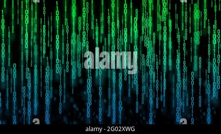 Abstrakter blauer Binärcode auf schwarzem Hintergrund. Blaue Zeilen mit Binärcode Stockfoto