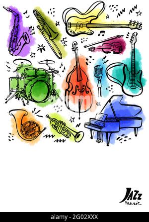 Handgezeichnete Musikinstrumente. Vertikales Banner oder Poster. Vektorgrafik im Tintenstil mit Aquarellflecken auf weißem Hintergrund Stock Vektor