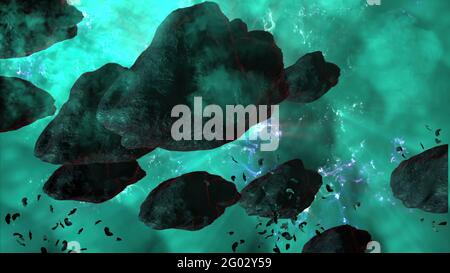 3d-Illustration - Nebel- und Steroidfeld im Weltraum Stockfoto