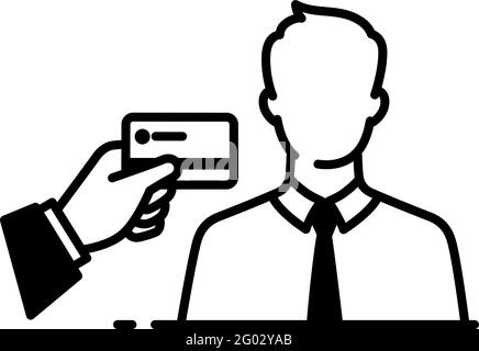 Umreißen Sie das Symbol für den Geschäftsmann und die Debitkarte. Investitionen und Darlehen. Zum Leihen, Banküberweisung. Vektor. Das Bild ist auf einem weißen Hintergrund isoliert. Stock Vektor