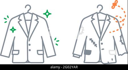 Symbole für Jacke oder Blazer. Neue und alte Kleidung. Negative und positive Metapher. Vektor. Das Bild ist auf einem weißen Hintergrund isoliert. Stock Vektor