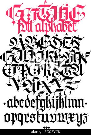 Gotisches Alphabet. Vektor. Moderne Gotik. Schwarze kalligrafische Buchstaben auf weißem Hintergrund. Alle Briefe werden separat gespeichert. Mittelalterliches Latein lett Stock Vektor