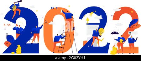Neues Jahr 2022. Das neue Jahr zu treffen. Vektor. Geschäftsleute feiern Weihnachten und Neujahr. Neue Horizonte. Vorbereitung auf den Urlaub. Geschäft erfüllt Stock Vektor