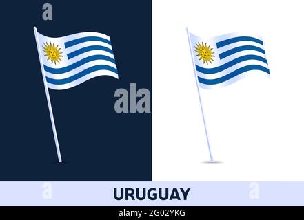 uruguay-Vektorflagge. Schwenkende Nationalflagge Italiens isoliert auf weißem und dunklem Hintergrund. Offizielle Farben und Anteil der Flagge. Vektorgrafik. Stock Vektor