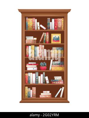 Isolierte Illustration eines hölzernen Bücherregals mit Büchern. Buchstacheln im Retro-Stil. Stock Vektor