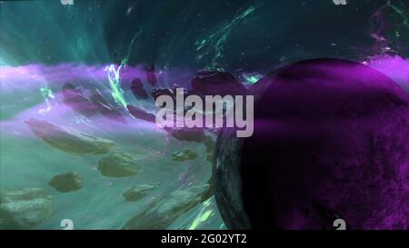 3d-Illustration - Nebel- und Steroidfeld im Weltraum Stockfoto