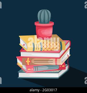 Vektordarstellung eines Buchstapels mit Retro-Covern und einem Topf mit einem Kaktus oben. Stock Vektor