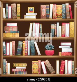 Bücherregal aus Holz mit Büchern. Buchstacheln im Retro-Stil. Stock Vektor