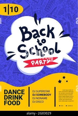 Zurück zur Schule Party Poster. Zurück zur Schule Text, Datum und Ort für Text. Vektorgrafik. Stock Vektor