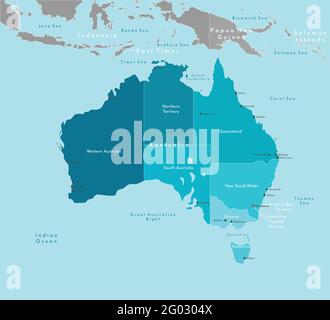 Vektor moderne Illustration. Vereinfachte geografische Karte von Australien und den nächsten Gebieten (Indonesien, Papua-Neuguinea usw.). Blauer Hintergrund von Indi Stock Vektor