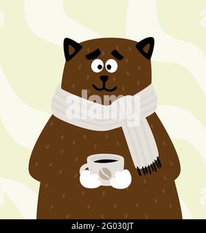 Niedlicher Bär oder Katze mit einer Tasse Kaffee oder Tee in einem Schal. Schöner kindlicher Charakter für Covers. Stock Vektor