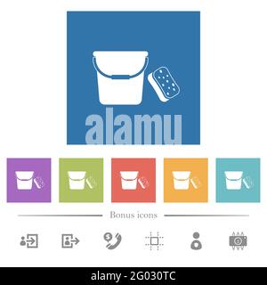 Flache weiße Symbole mit Eimer und Schwamm auf quadratischem Hintergrund. 6 Bonus-Symbole enthalten. Stock Vektor
