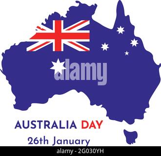 Vektorgrafik Grußkarte mit Karte und Silhouette von Australien. Vorlage für den Australia Day. Januar Stock Vektor