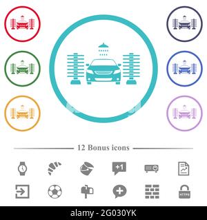 Flache Farbsymbole für die Autowäsche in kreisförmigen Umrissen. 12 Bonus-Symbole enthalten. Stock Vektor