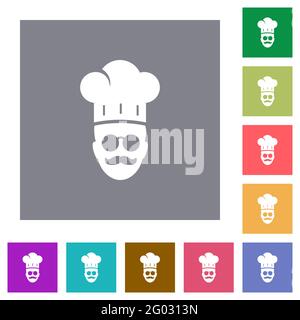 Meisterkoch mit Gläsern und Schnurrbart flache Symbole auf einfach Farbige quadratische Hintergründe Stock Vektor