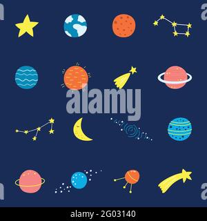 Vektor-Set von Cartoon-Planeten. Bunte Reihe von isolierten Objekten. Leerraum im Hintergrund. Fantasy-Planeten. EPS 10. Stock Vektor