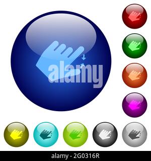 Links-handliche Gestensymbole auf runden Glastasten in mehreren Farben zum Zusammendrücken. Angeordnete Ebenenstruktur Stock Vektor