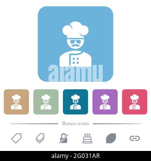 Meisterkoch mit Gläsern und weißen flachen Schnurrbart-Symbolen auf abgerundeten quadratischen Hintergründen. 6 Bonus-Symbole enthalten Stock Vektor