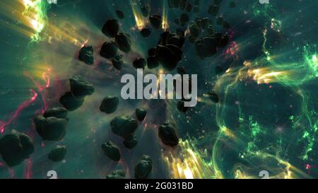 3d-Illustration - Nebel- und Steroidfeld im Weltraum Stockfoto