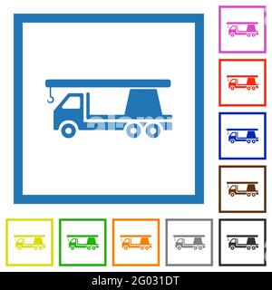 Kranwagen flache Farbe Symbole in quadratischen Rahmen auf weißem Hintergrund Stock Vektor
