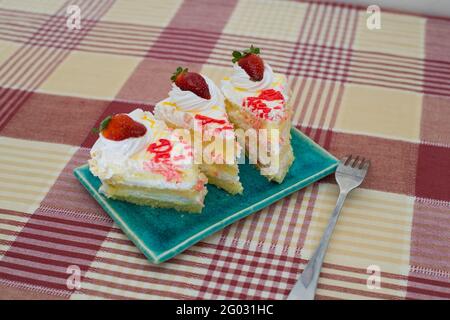 Nahaufnahme von weißen Vanilleschwamm-Kuchenscheiben auf einem blauen Teller Stockfoto